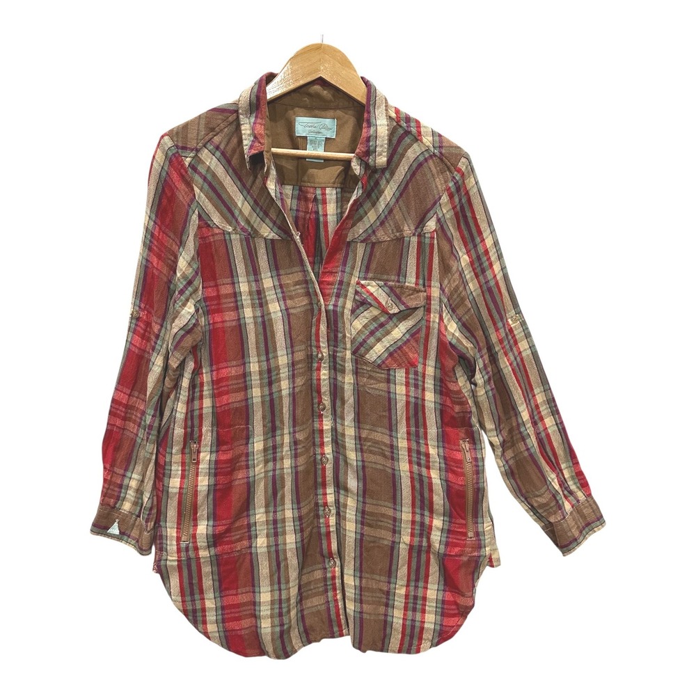 Tasha Polizzi Plaid Equestrian Western Shirt XL Red Faux Suede Trim Zip Pockets